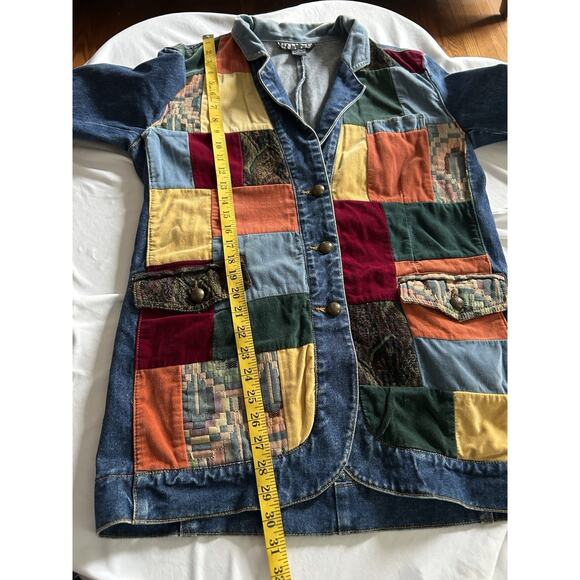 Vintage 90s NY Line Velvet Patchwork Denim Jacket Womens Size Medium Blue Boho - Picture 7 of 8